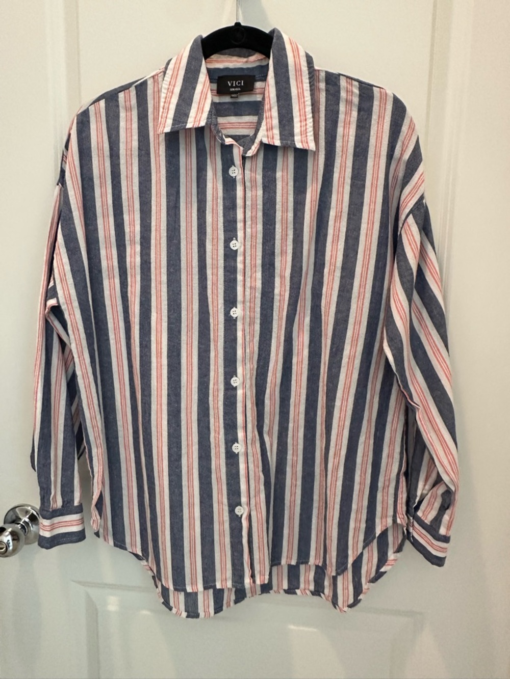 Vici Women’s Navy, White and Red Vertical Stripe Button-Down Shirt